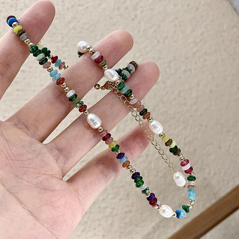 Collana vintage con perline di cristallo naturale e perle d'acqua dolce, regalo di Natale o compleanno.