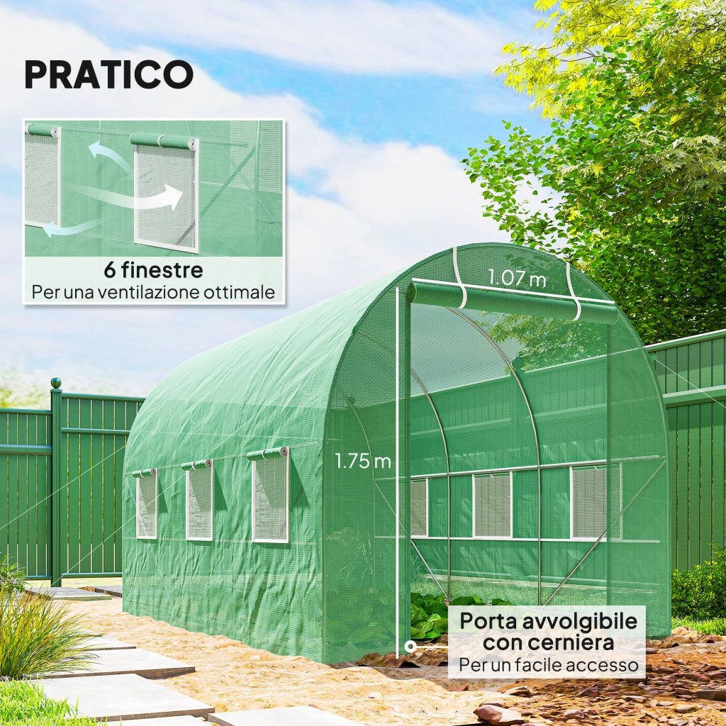 Serra da Giardino Tunnel ¨C zephmum ¨C Verde, PE e Metallo, 3.5x2x2m con 6 Finestre