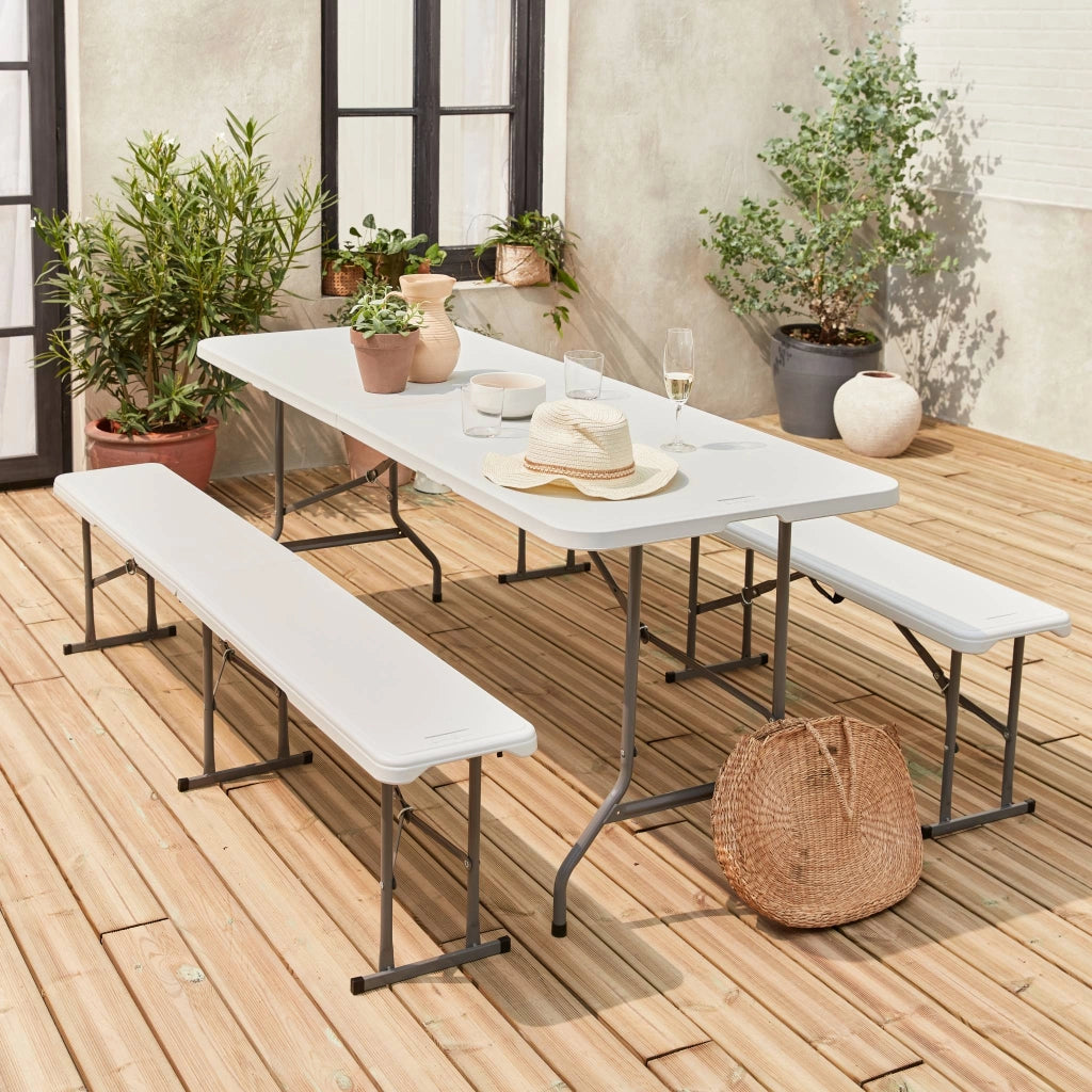 Set tavolo da ricevimento pieghevole in plastica con 2 panche, bianco