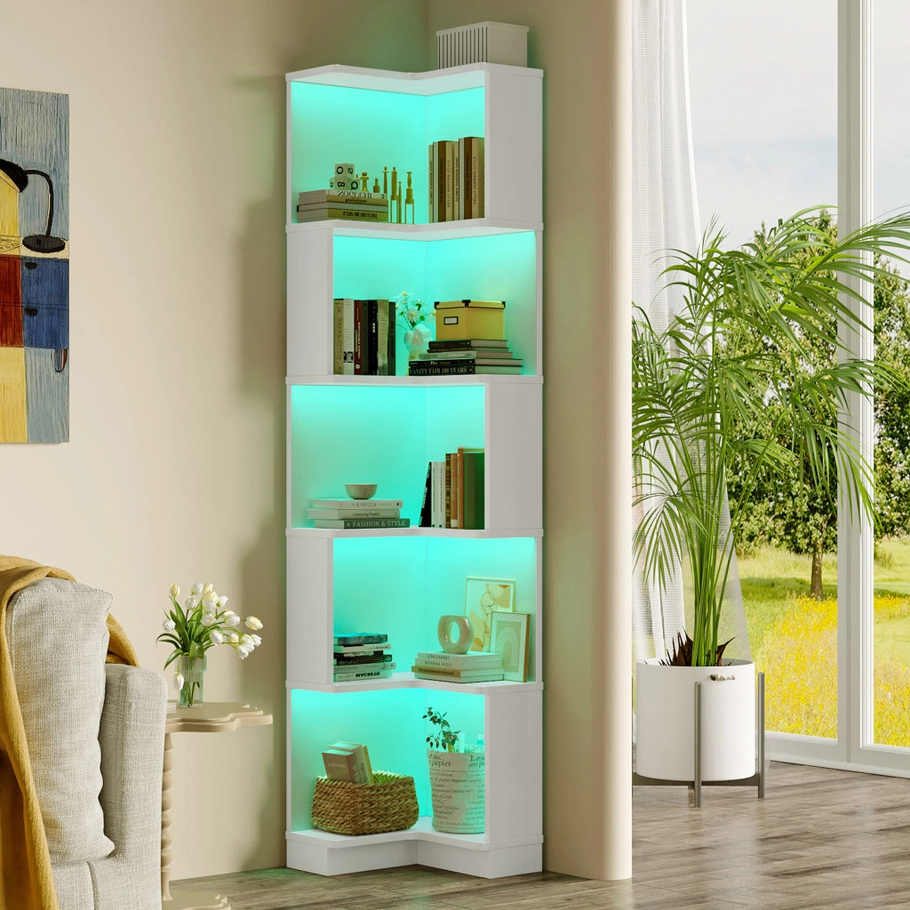 Libreria angolare a L con illuminazione LED, 63,5 x 45 x 175 cm, 5 ripiani, bianca