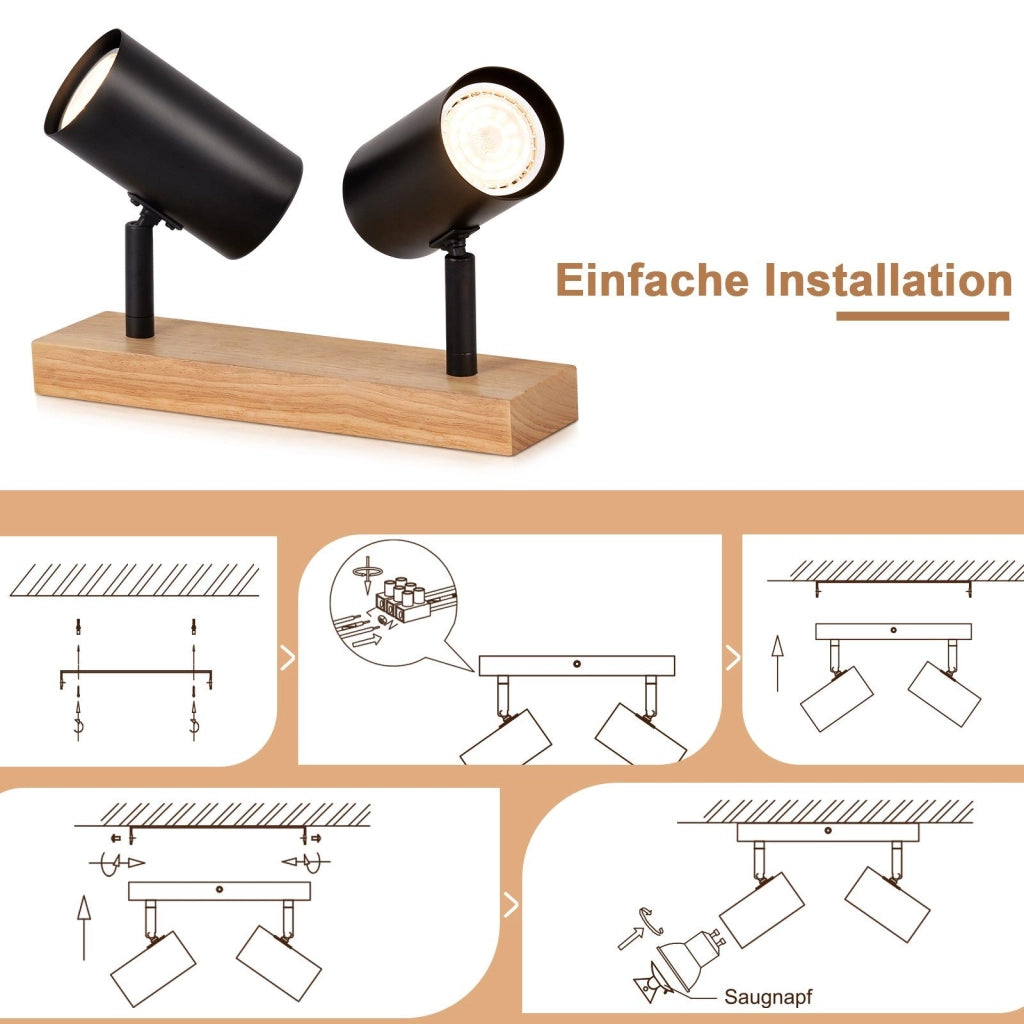 ZMH Faretto da soffitto Neri Legno 2 Lampade GU10 Stile Country per Soggiorno Corridoio Senza Lampadine