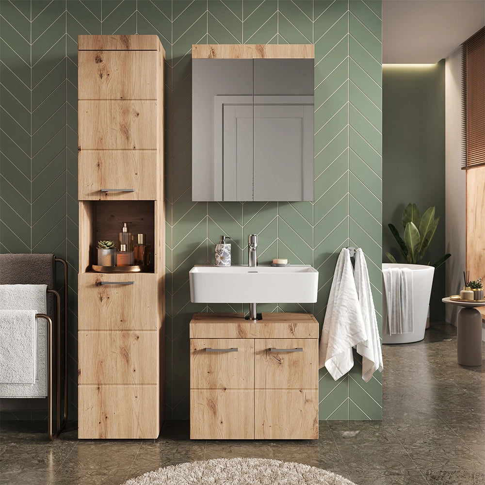 Set mobili bagno Luna Quercia Wotan 3 parti, con armadio alto Vicco