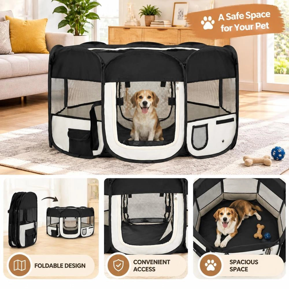 Foldable Puppy Playpen With Carrying Bag, Black, 145x145x61 Cm