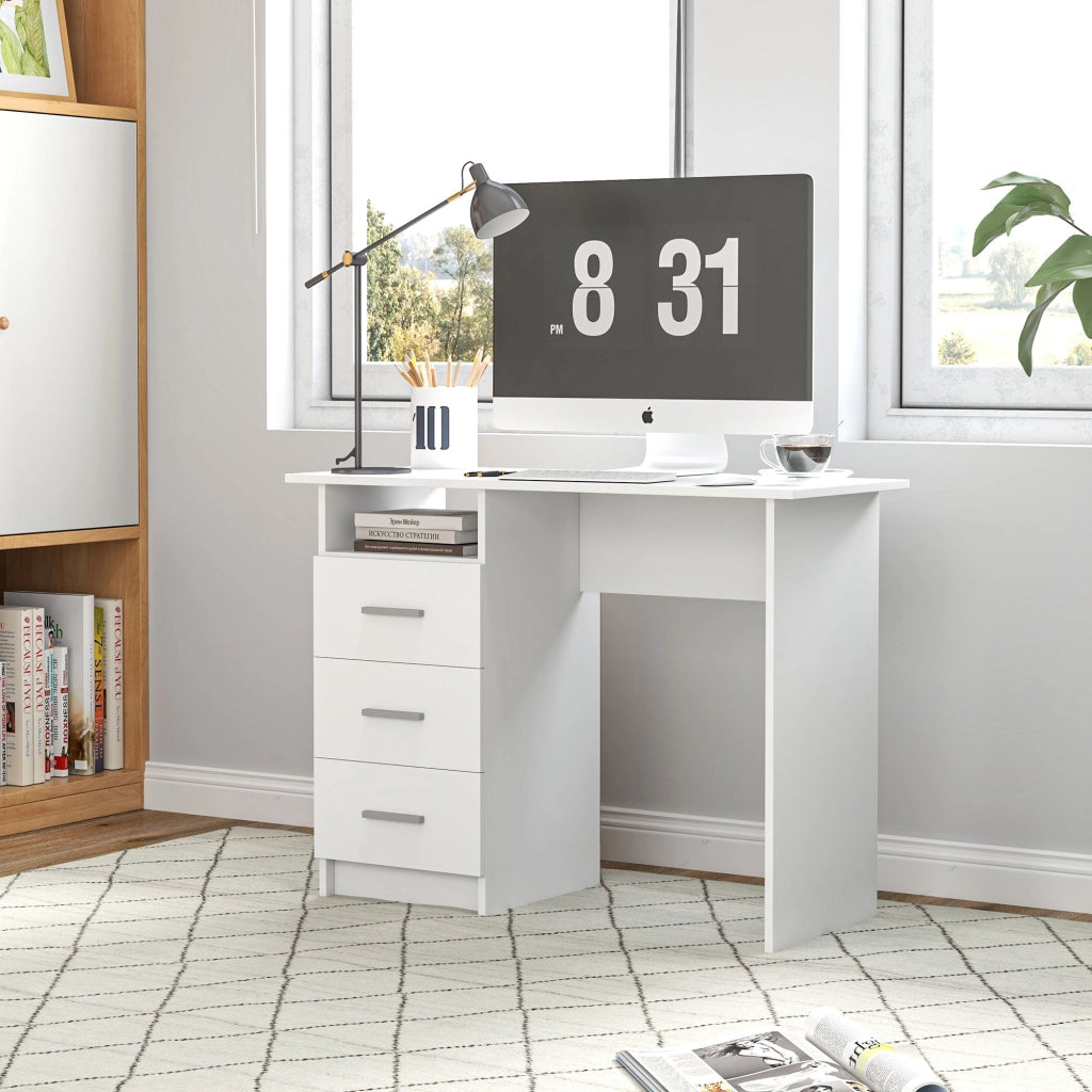 Scrivania 100x40x75 cm con 3 Cassetti e Vano a Giorno in Legno Bianco