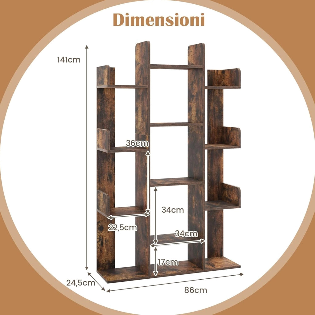 Libreria a Forma di Albero, Scaffale Multiuso con 13 Ripiani Aperti, Scaffale Decorativo Autoportante a Cubo per Soggiorno Studio o Ufficio, 86x24,5x141 cm (Marrone)