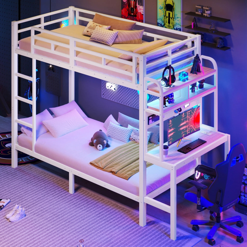 Letto a castello 90 × 200 cm con scrivania, ripiani, LED, USB, barriere di sicurezza, senza materasso, bianco