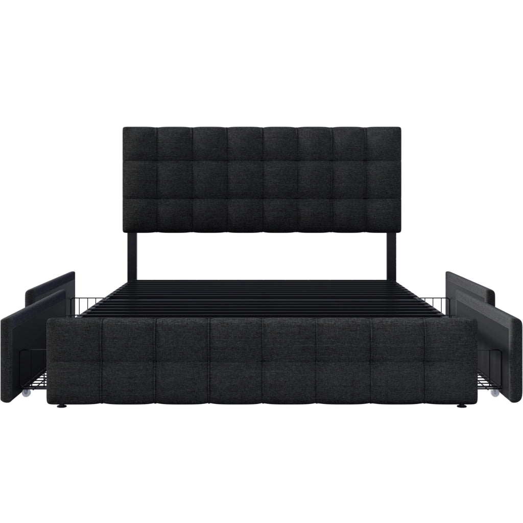 Letto matrimoniale imbottito con 4 cassetti, rete a doghe in acciaio e testiera regolabile 140x200 cm, nero
