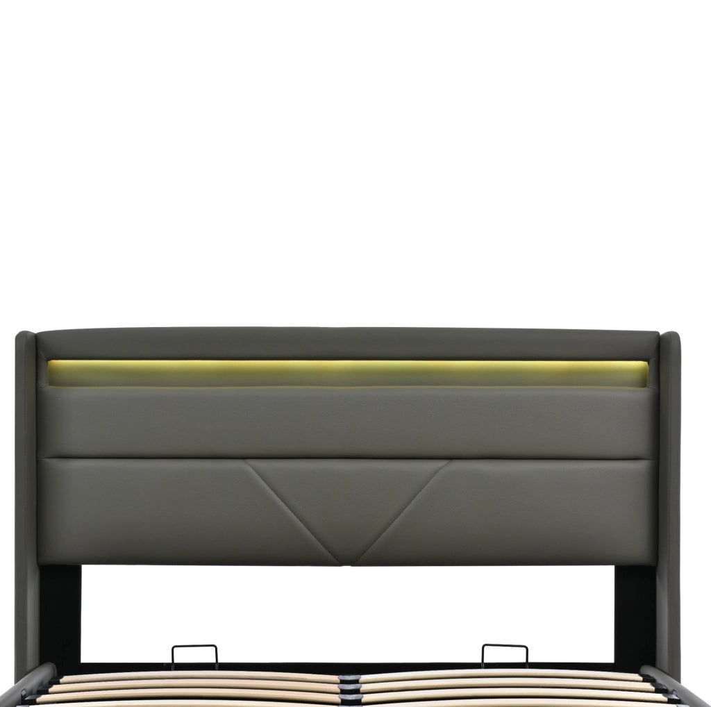 Letto contenitore imbottito 140x200 cm grigio in PU con LED e telecomando