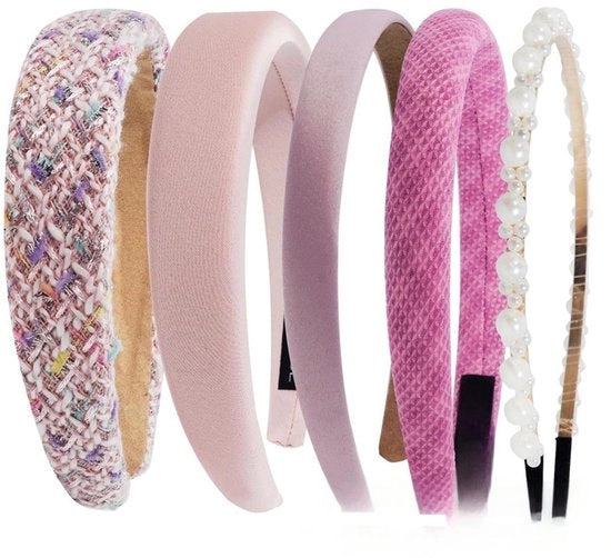 5 set di fascette moderne per donne, diversi disegni, fascette antiscivolo, fascette con perle di fiori, fascette imbottite, accessori per capelli retro, adatti per uso quotidiano, occasioni importanti, colore rosa e viola.