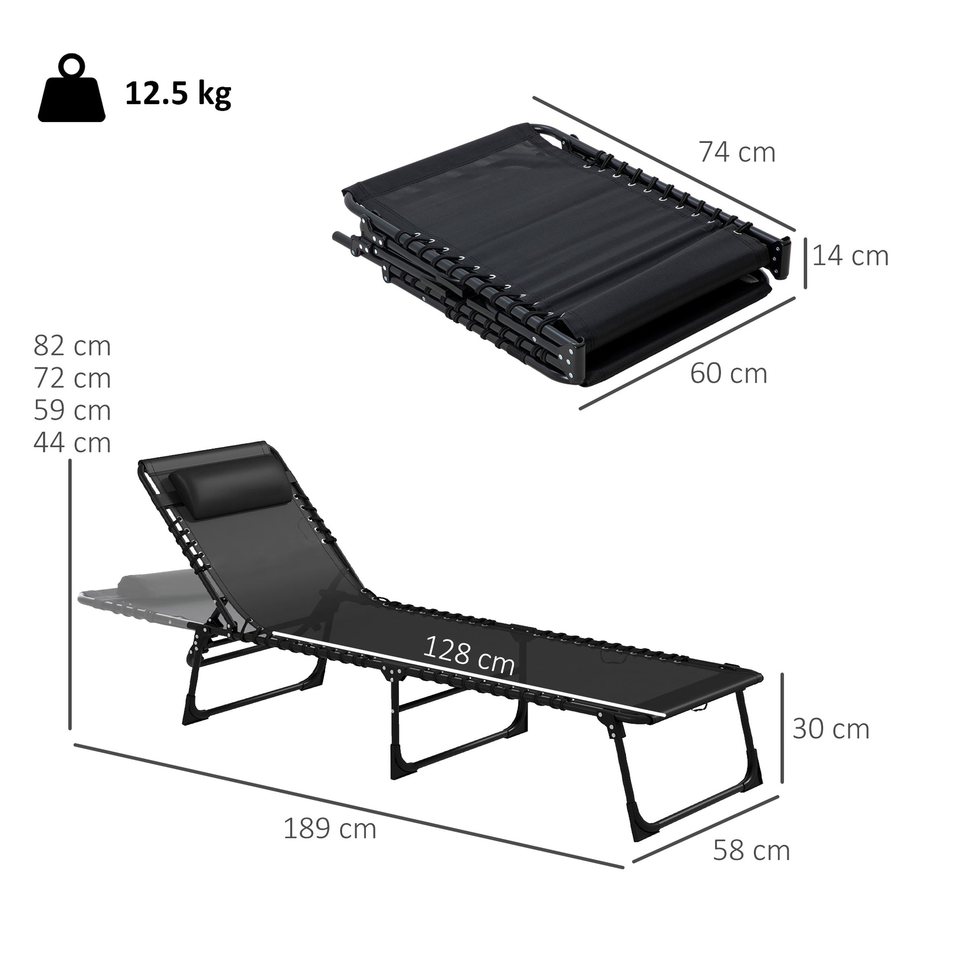 Set 2 Lettini Prendisole 189x58x30 cm con Schienale Reclinabile in Acciaio Nero