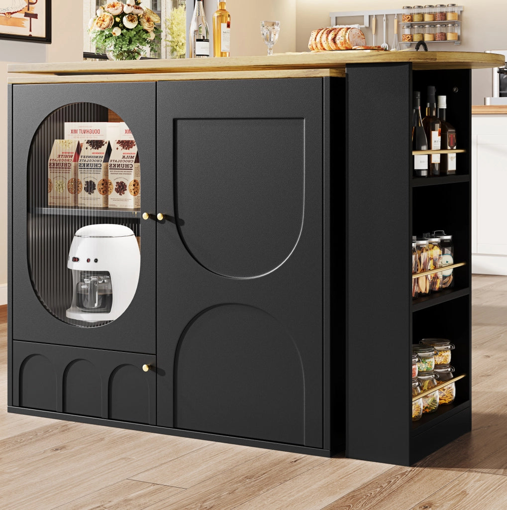 Mobile bar 138x39x105 cm girevole 360° con ampio spazio di contenimento in MDF e metallo nero