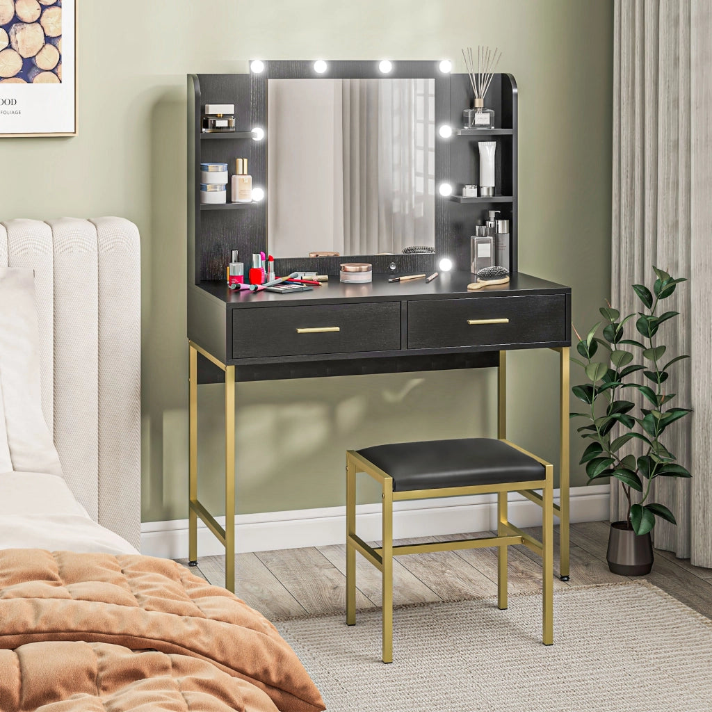 Postazione Trucco con Specchio 10 Lampadine e Sgabello ¨C Zephmum ¨C Nero