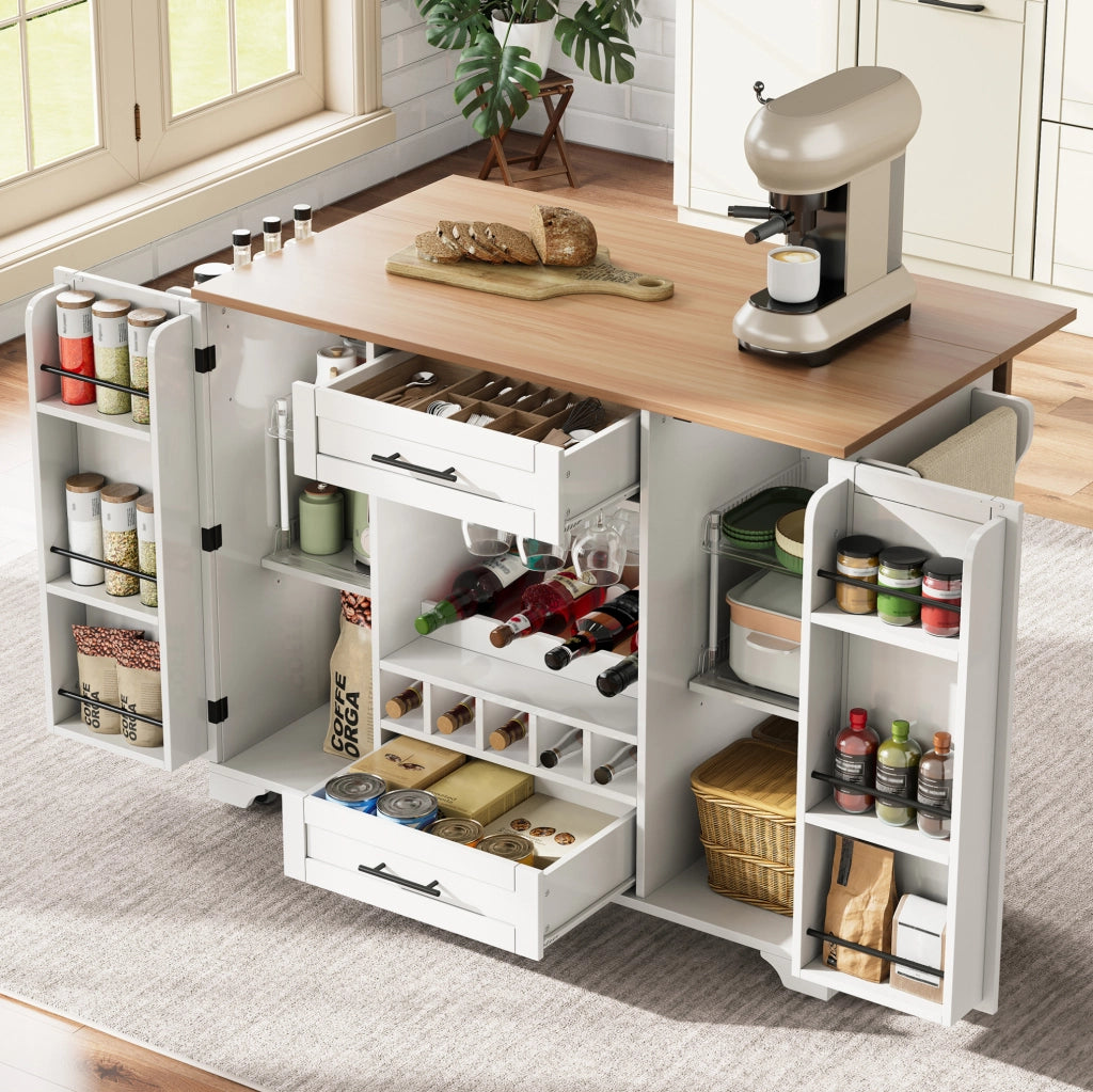 Carrello da cucina 138x45(70)x92 cm con piano estraibile; ruote; MDF; bianco e naturale