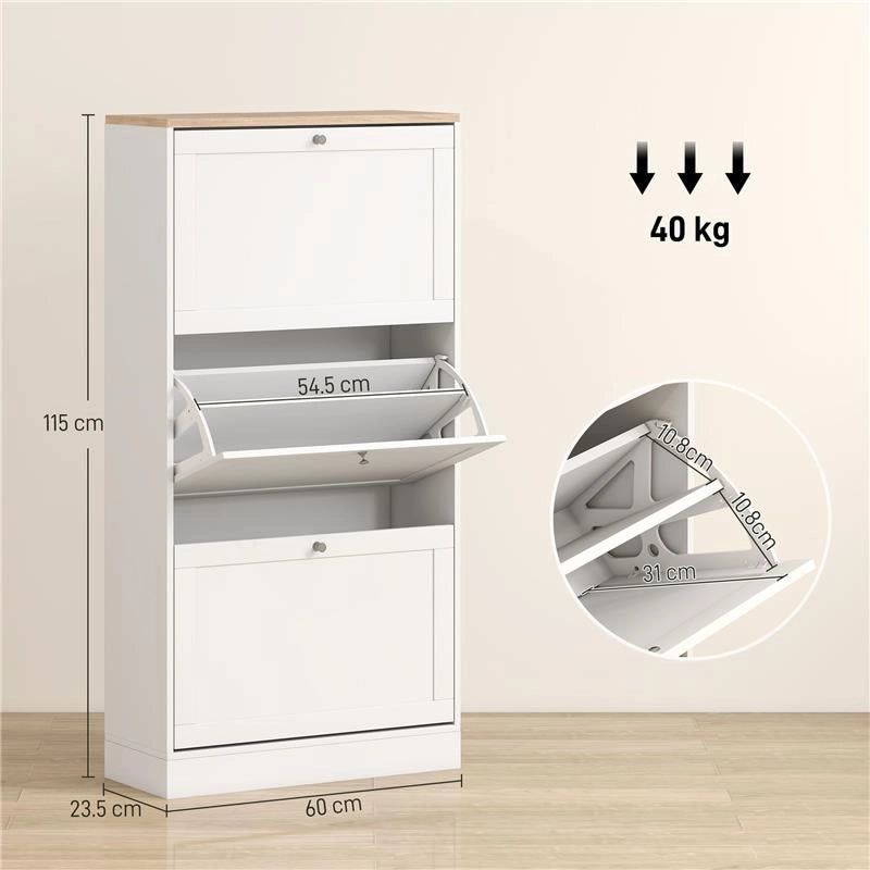 SCARPIERA SALVASPAZIO A 3 CASSETTI CON RIPIANI REGOLABILI SU 2 LIVELLI, IN LEGNO, 60X23.5X115 CM, BIANCO