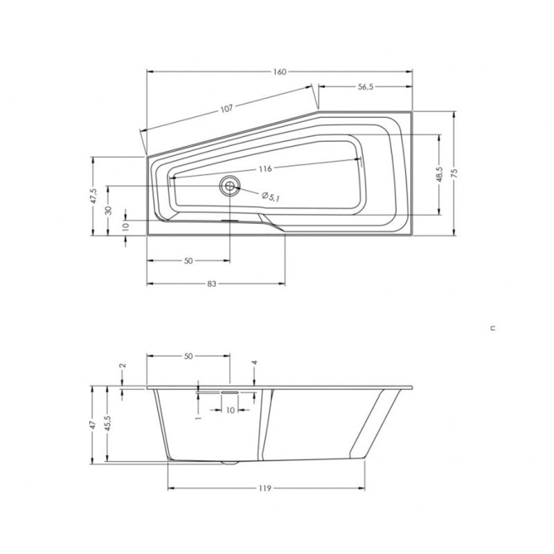 Vasca da bagno angolare destra in acrilico RIHO RETHINK SPACE S 160x75 cm