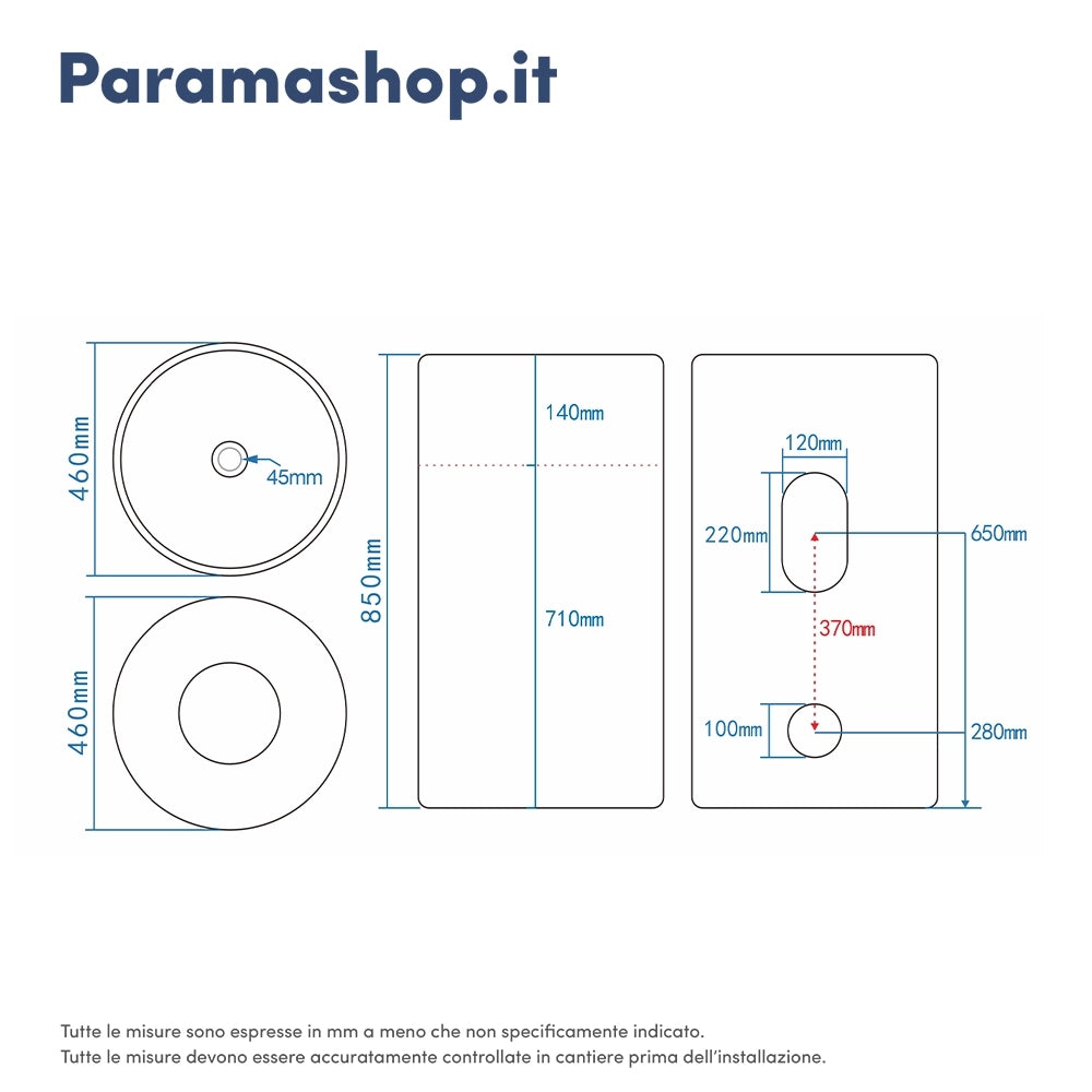 Lavabo freestanding tondo 46cm in ceramica bianco lucido con troppopieno | Baltico