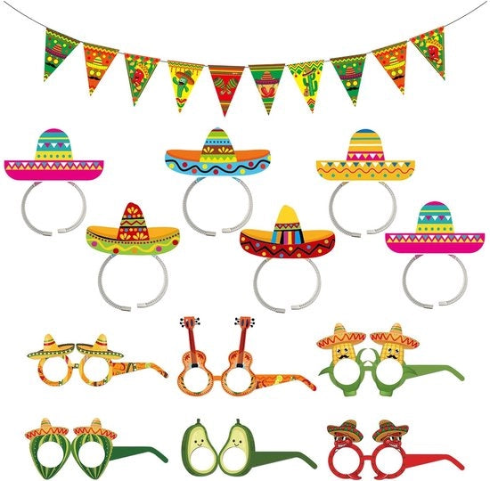 Accessori di festa per la giornata di San Patrizio - Benda per la testa messicana - Vetrini messicani - Bandiera triangolare - 6 pezzi - Materiale cartaceo