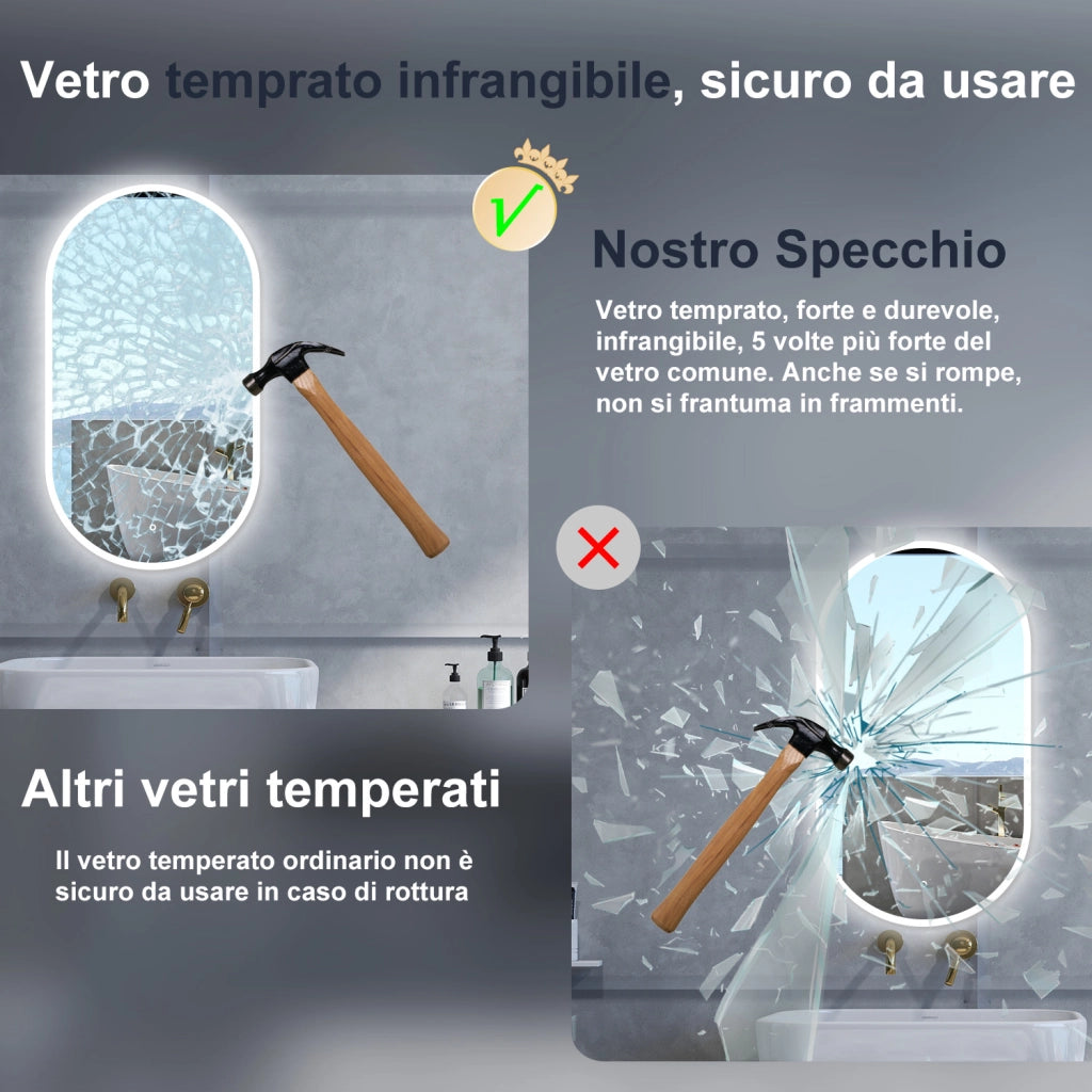 Specchio da bagno Ovale con 50x90cm,Memoria, Antifog,Regorabile,Retroilluminato,doppio interruttore,