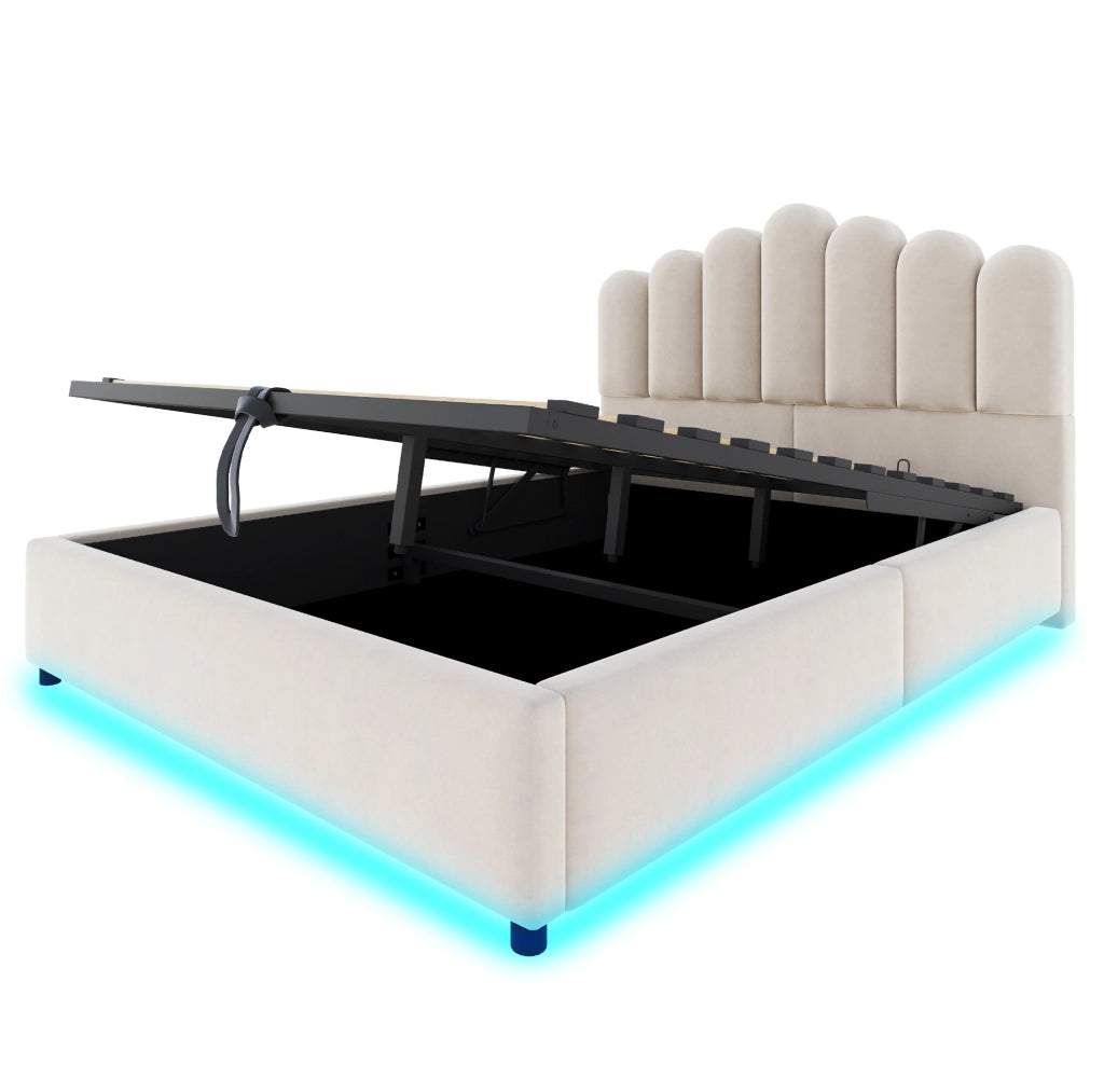 Letto imbottito 140x200 cm con contenitore idraulico; LED e testiera unica in velluto beige