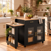 Isola da cucina con piano estraibile 116/177 cm; prese EU e porte USB; nero