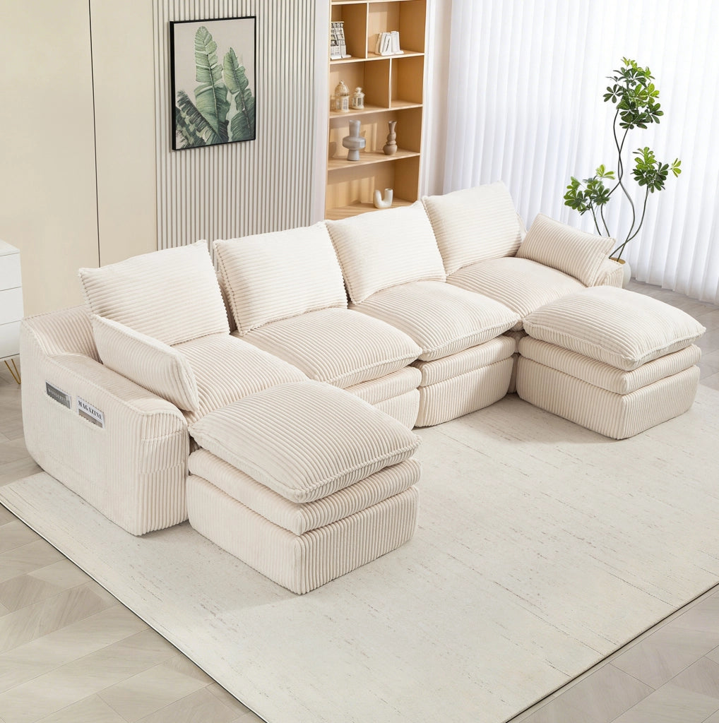 Divano modulare beige in velluto a coste con tasche laterali e molle interne