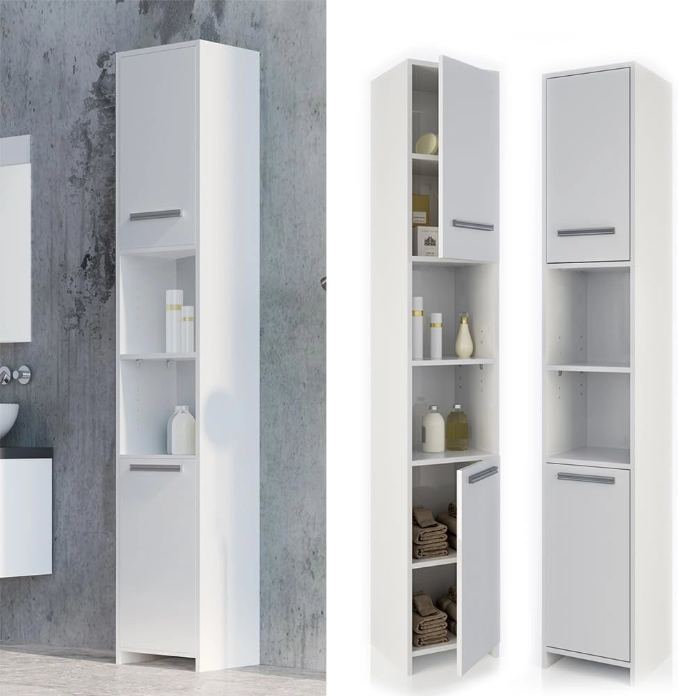 Mobile bagno alto Kiko, Bianco, 30 x 190 cm, per la conservazione di accessori da bagno e compatibile con Kiko