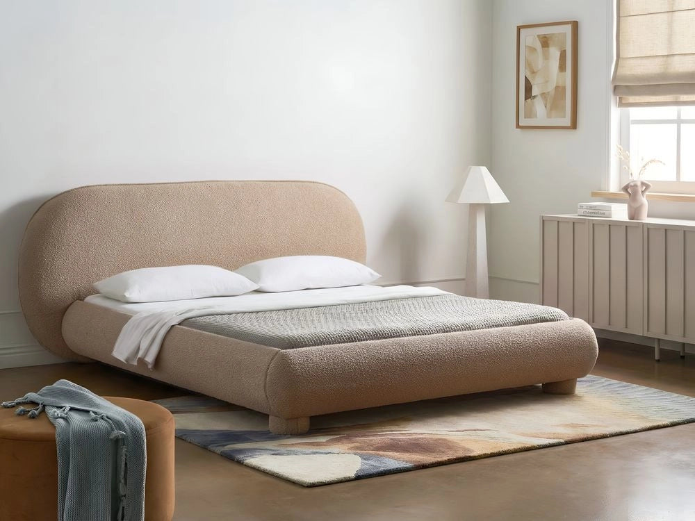 Letto rivestito in bouclé tortora 160 x 200 cm design minimalista retrò camera da letto
