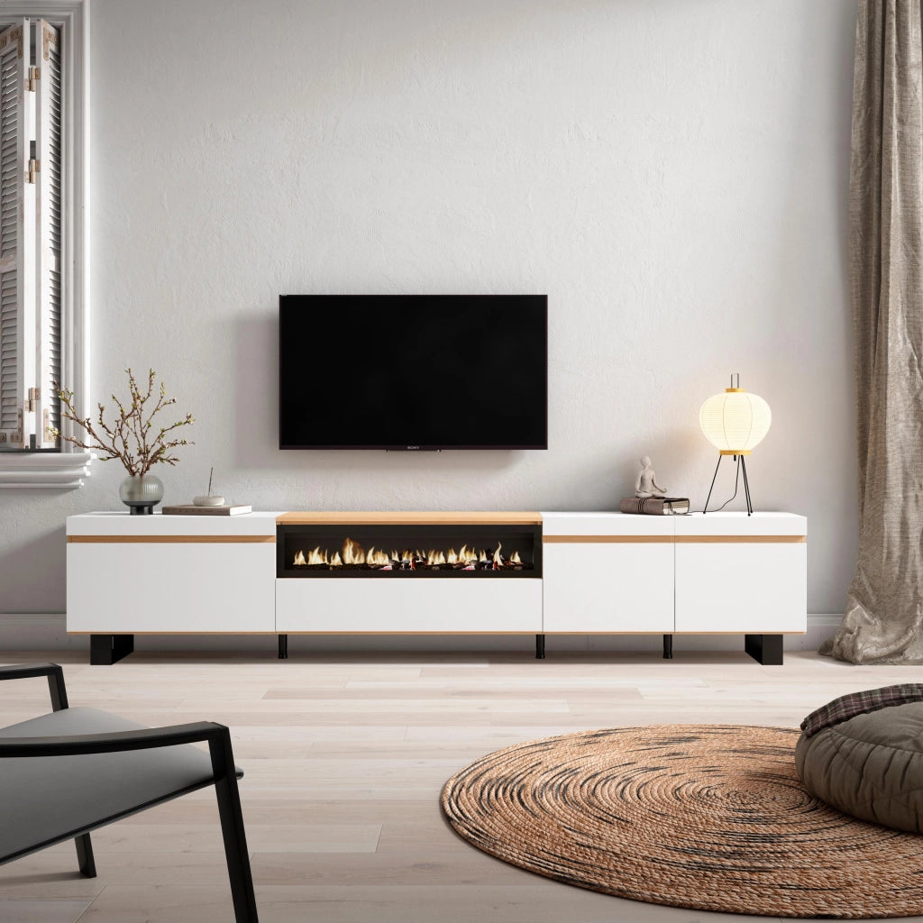 Mobile TV Soggiorno, 288x57x35 cm, TV di grande formato, Camino elettrico, Design industriale, Bianco e Rovere soft