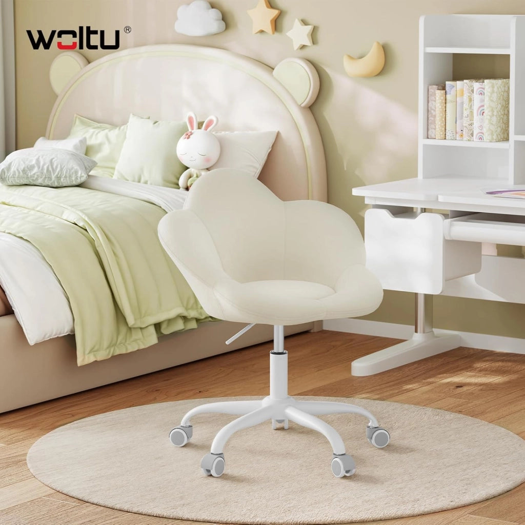 Sedia da Scrivania per Bambini, Sedia Ufficio Ergonomica Girevole e Regolabile in Altezza con Rotelle, Seduta a Forma di Fiore per Studio, Camera da Letto, Velluto, Beige