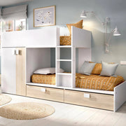 Letto per bambini Acerola, Cameretta completa con armadio e cassetti, Composizione letto a castello con due lettini singoli, 275x108h150 cm, Bianco e Rovere