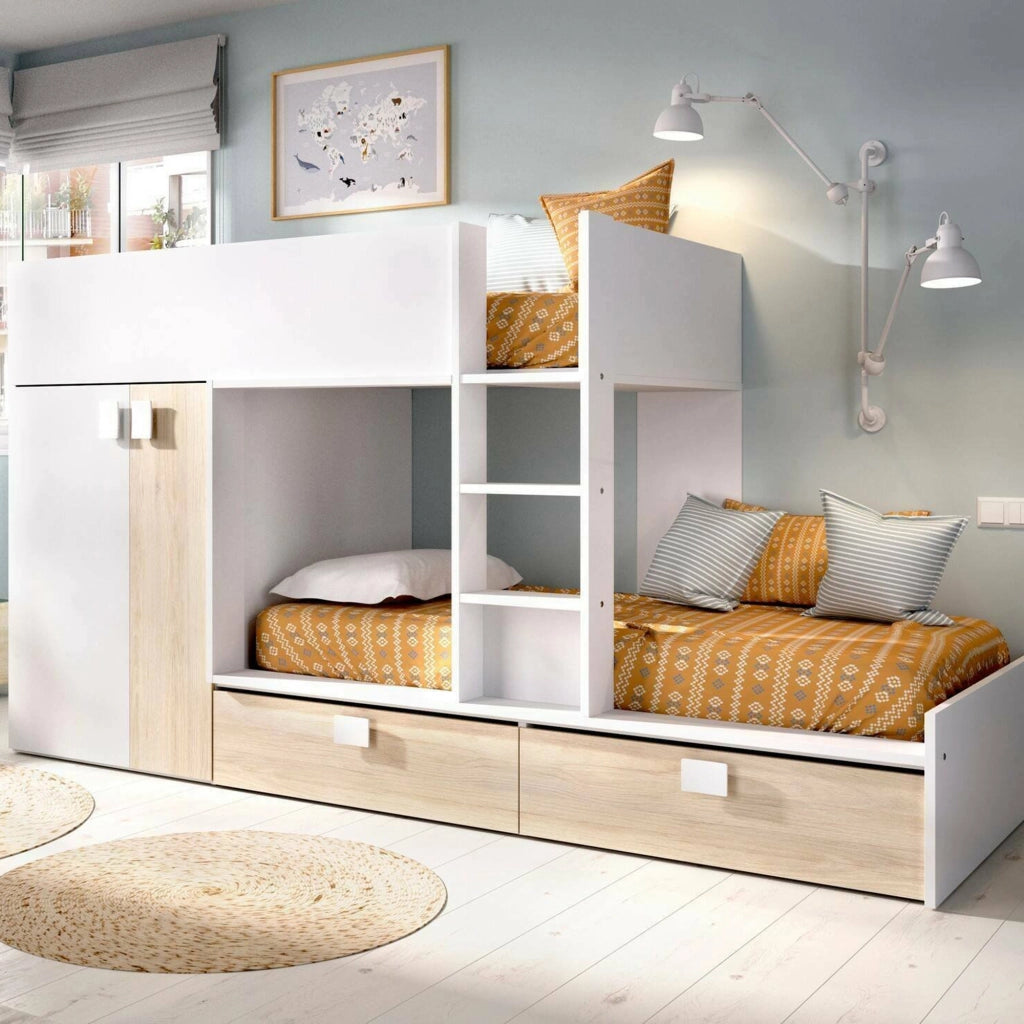 Letto per bambini Acerola, Cameretta completa con armadio e cassetti, Composizione letto a castello con due lettini singoli, 275x108h150 cm, Bianco e Rovere