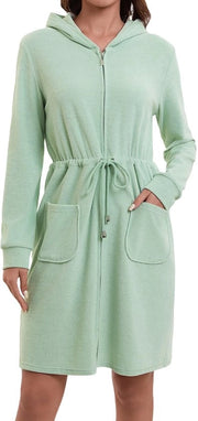 Bathrobe elegante per donne con cappuccio e zip in cotone da bagno Corta e leggera verde menta L