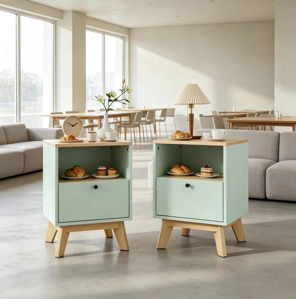Set di 2 Comodini in MDF Verde Chiaro con Cassetto e Ripiano Aperto, 40x40x55 cm