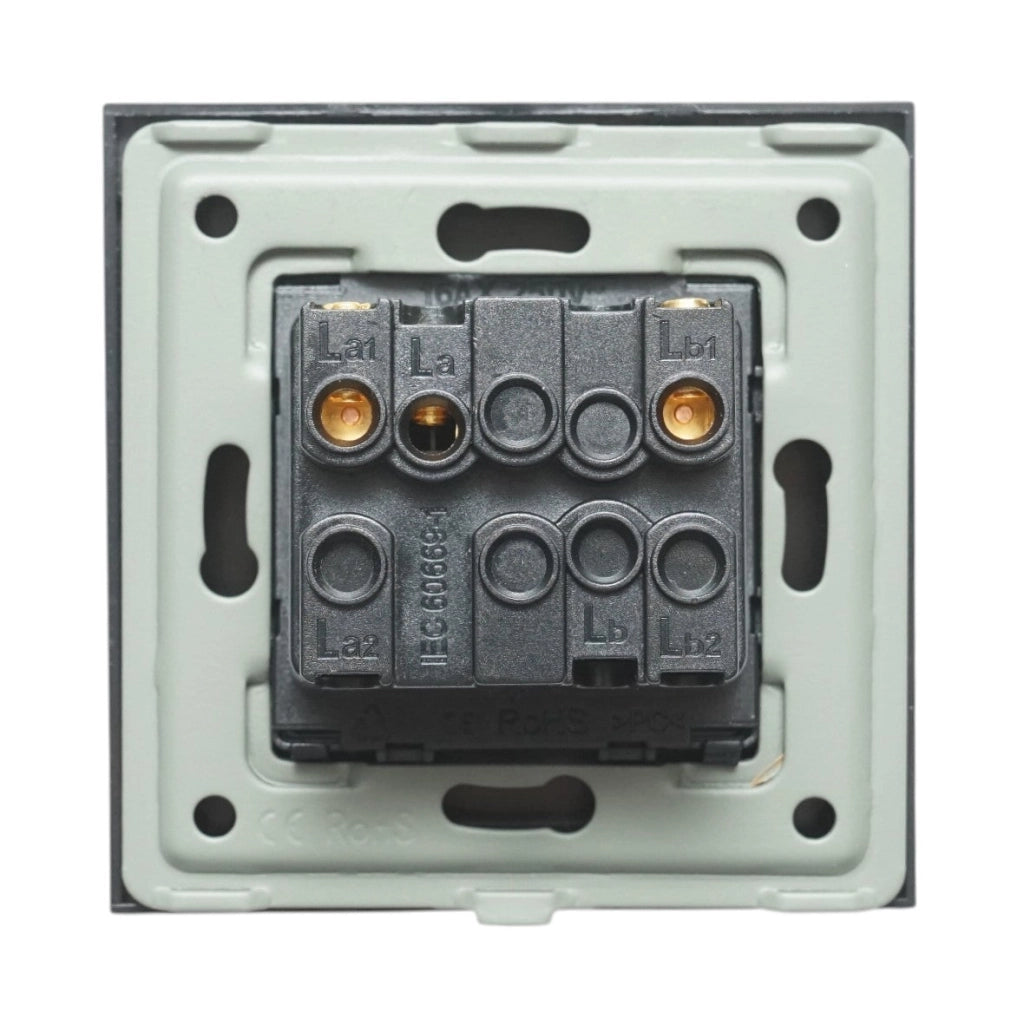 Interruttore doppio per tapparelle da incasso nero 220V, 16AX, spia luminosa, cornice in vetro 86x86x34mm
