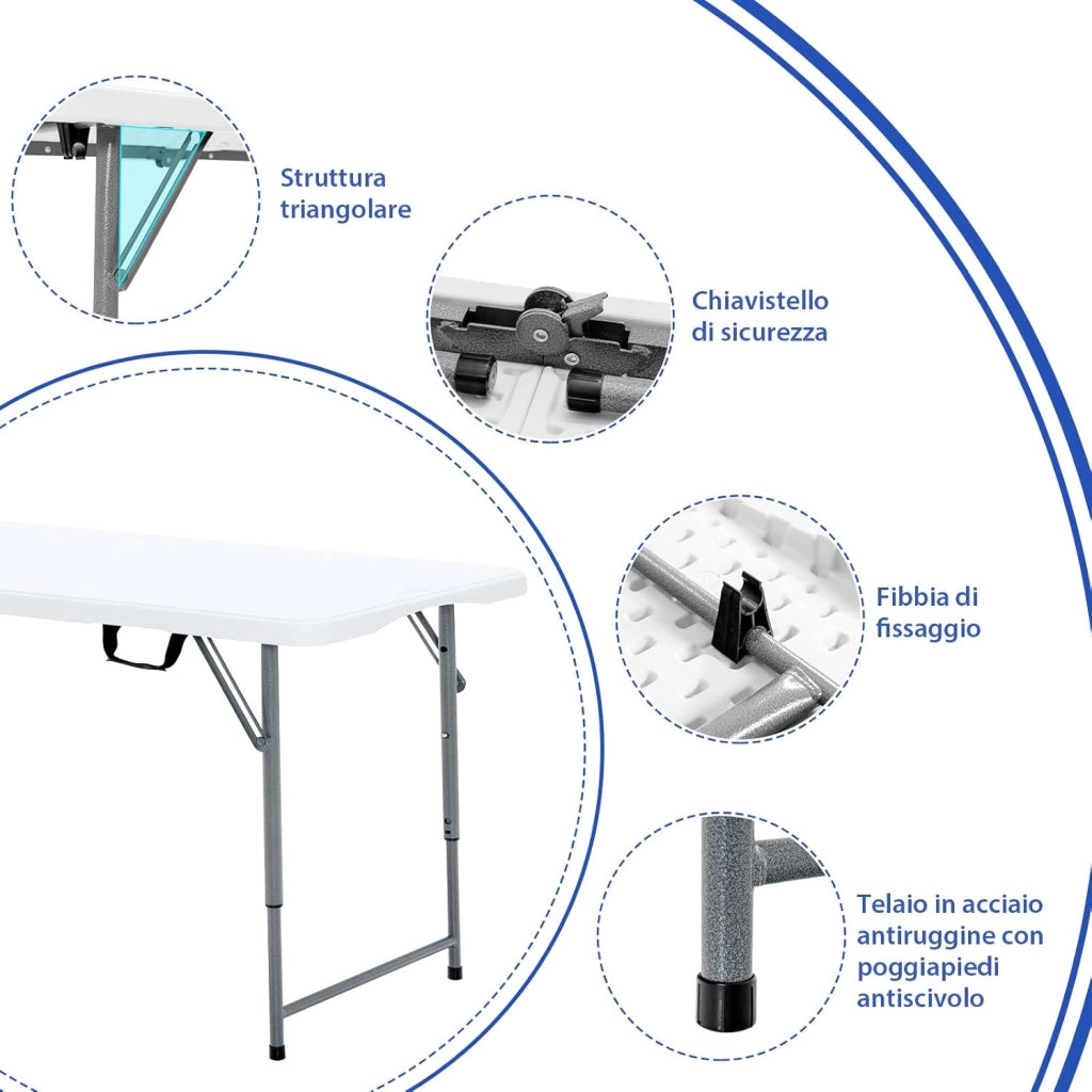 Tavolo Pieghevole da Campeggio con Altezza Regolabile e Maniglia, Portatile Tavolino da Pranzo Interno e Esterno, 120 x 60 x 74,5 cm, Capacità 150 kg, per Giardino Picnic (Modello 4)