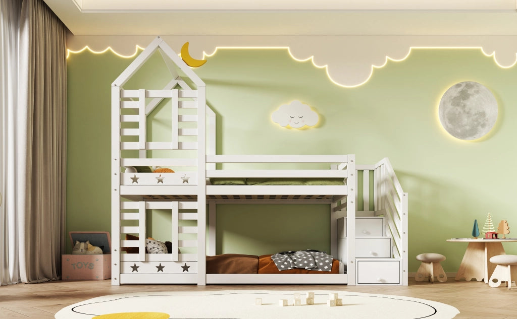 DESMIU Letto a castello per bambini 90 × 200 cm con cassetti, vano portaoggetti, senza materasso, in legno, bianco