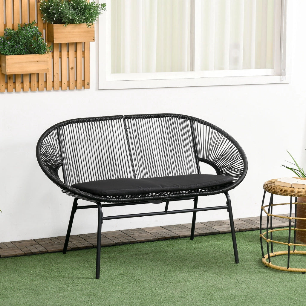 Divano da Giardino 2 Posti in Rattan PE e Acciaio con Cuscini e Braccioli, 132x72x83 cm, Nero