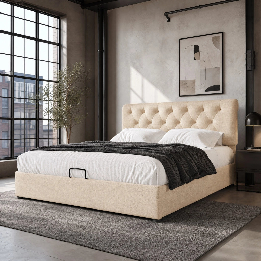Letto matrimoniale imbottito 160x200 cm con testiera regolabile, rete sollevabile e vano contenitore, colore naturale