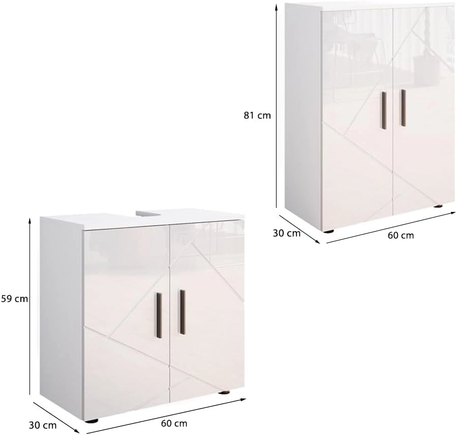 Set di mobili da bagno Irma, Bianco lucido, 2 parti, con unità midi, composto da mobile sottolavabo e armadio medio