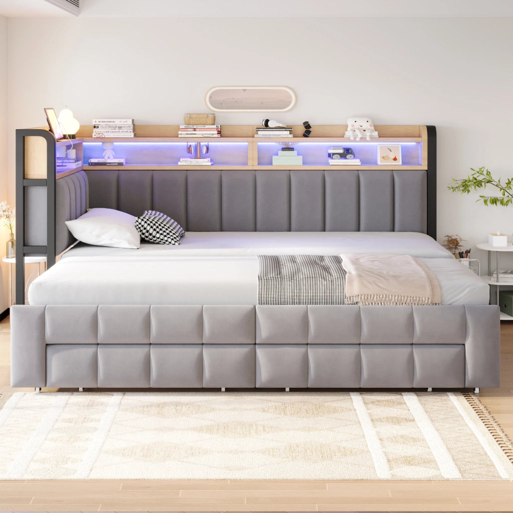 Letto divano 90 × 200 cm estensibile a 180 × 200 cm con cassetti, ripiani, LED, USB e Type-C, senza materasso