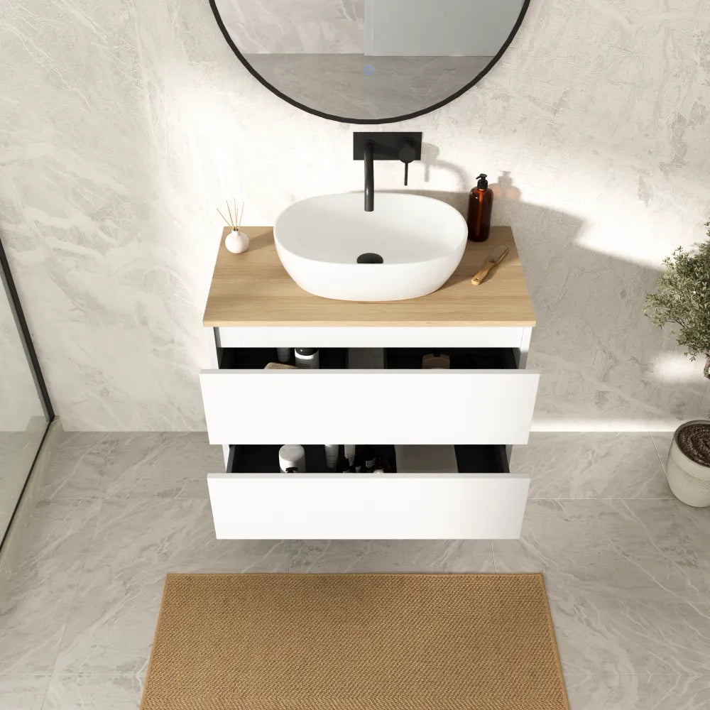 Mobile bagno sospeso 100cm due cassetti bianco opaco con top rovere chiaro | Hexa
