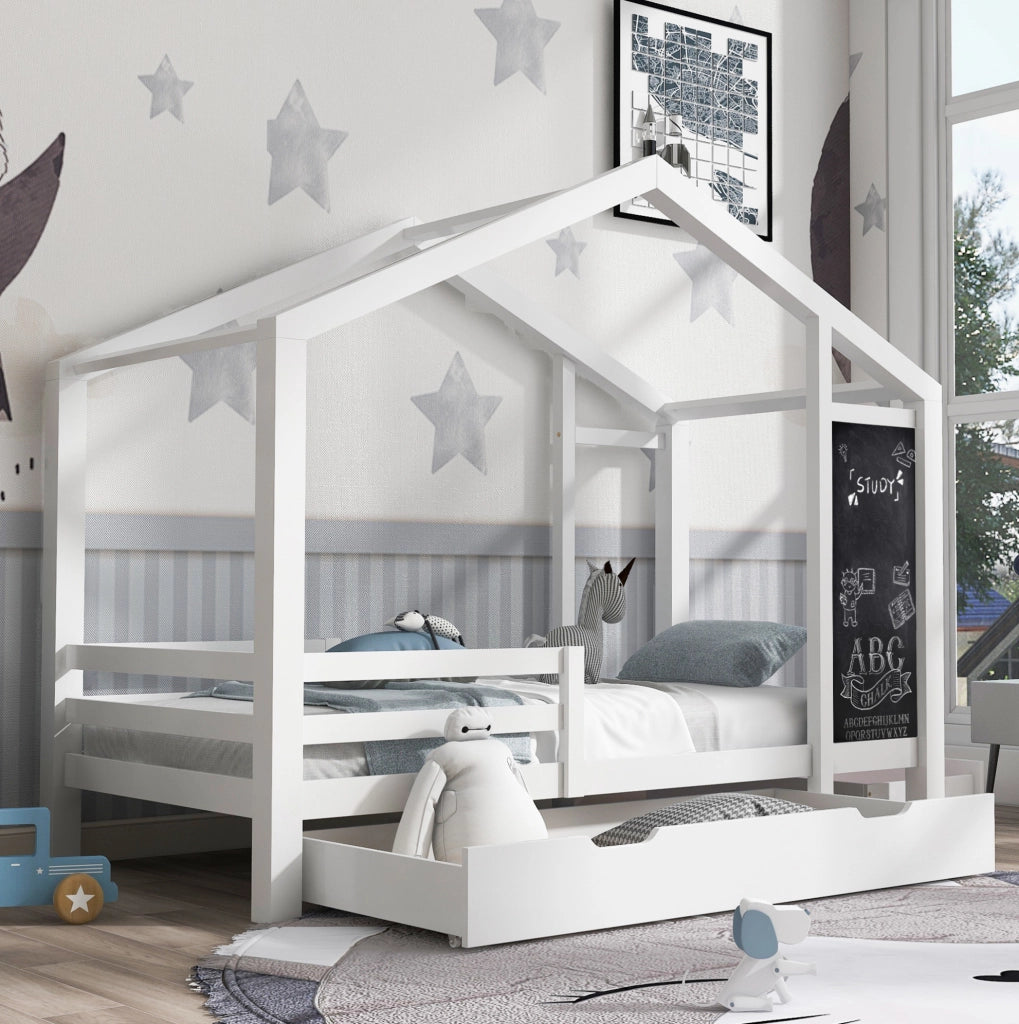 Letto a casetta 90x200 cm con lavagna e 2 cassetti; bianco