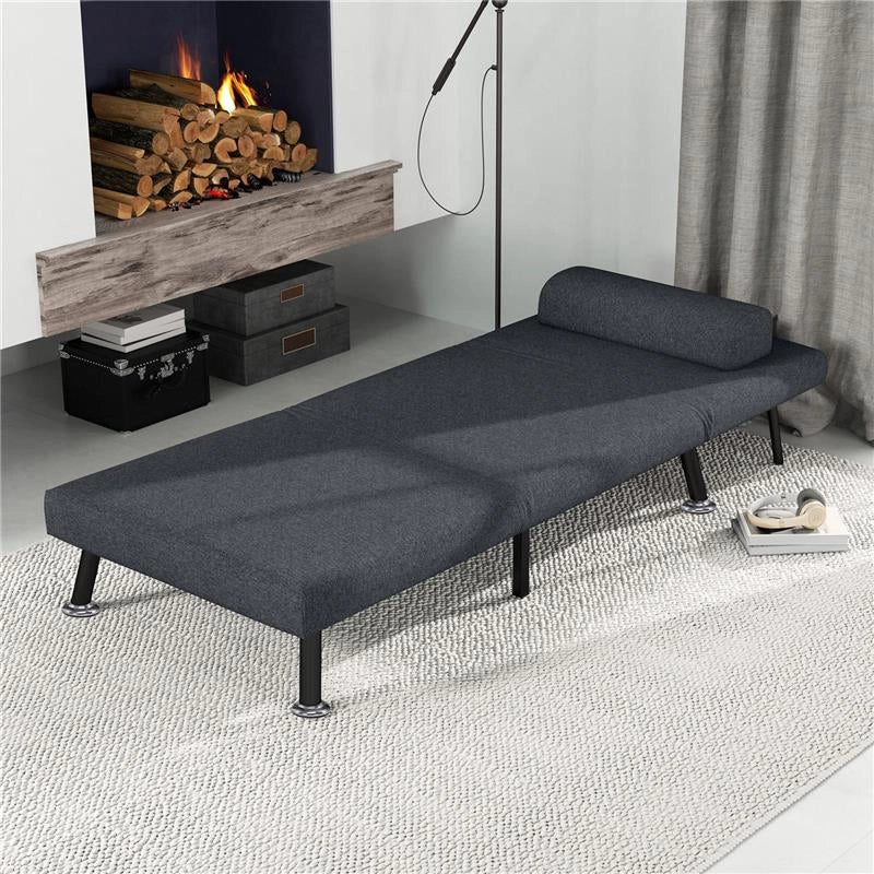 POLTRONA LETTO 3 IN 1 CON SCHIENALE REGOLABILE E CUSCINO IN TESSUTO EFFETTO LINO E ACCIAIO GRIGIO SCURO