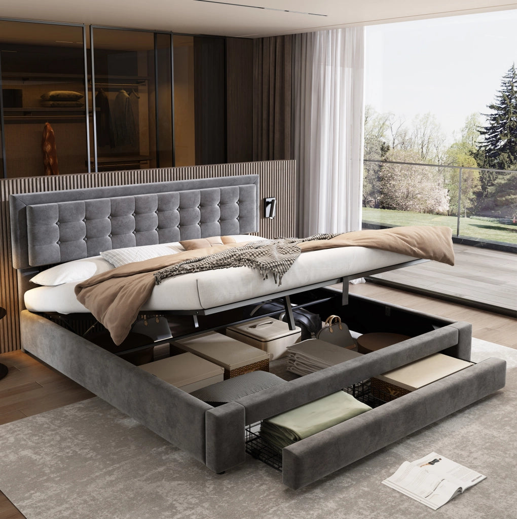 Letto matrimoniale imbottito 160x200 cm in velluto grigio con contenitore e cassetti