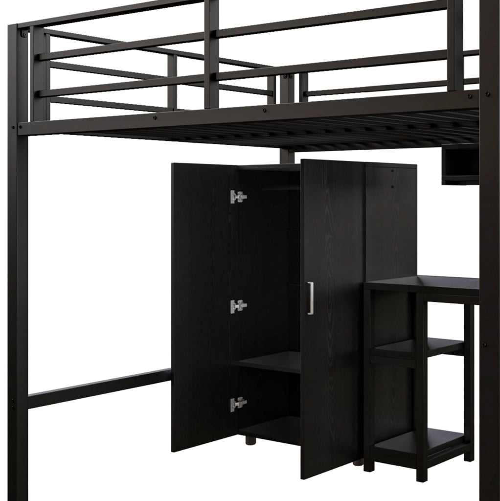 Letto a soppalco 140x200 cm nero con scrivania, armadio, mensole e scala contenitore