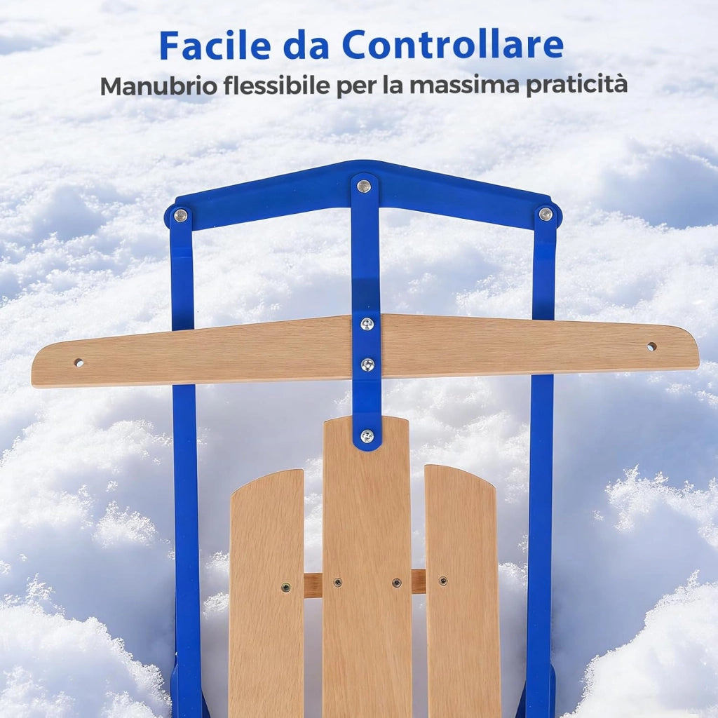 Slittino da Neve, Slittino per Bambini e Adulti con Barra di Direzione, Fori Preforati e Maniglie, Slitta da Neve in Legno e Metallo Vernicato, Carico Massimo 150 kg
