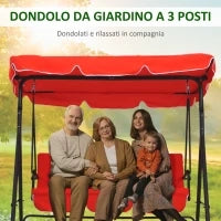 Dondolo da Giardino 3 Posti con Tetto e Struttura in Acciaio, Rosso
