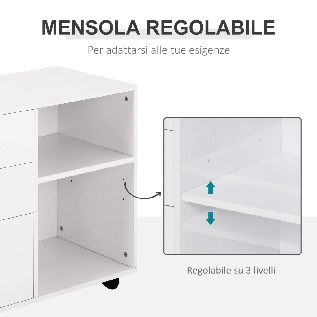 EasyComfort Mobile Porta Stampante con 3 Cassetti in Legno, Mobile Ufficio Multiuso con 4 Ruote e Ripiani Aperti, 80x40x65cm, Bianco