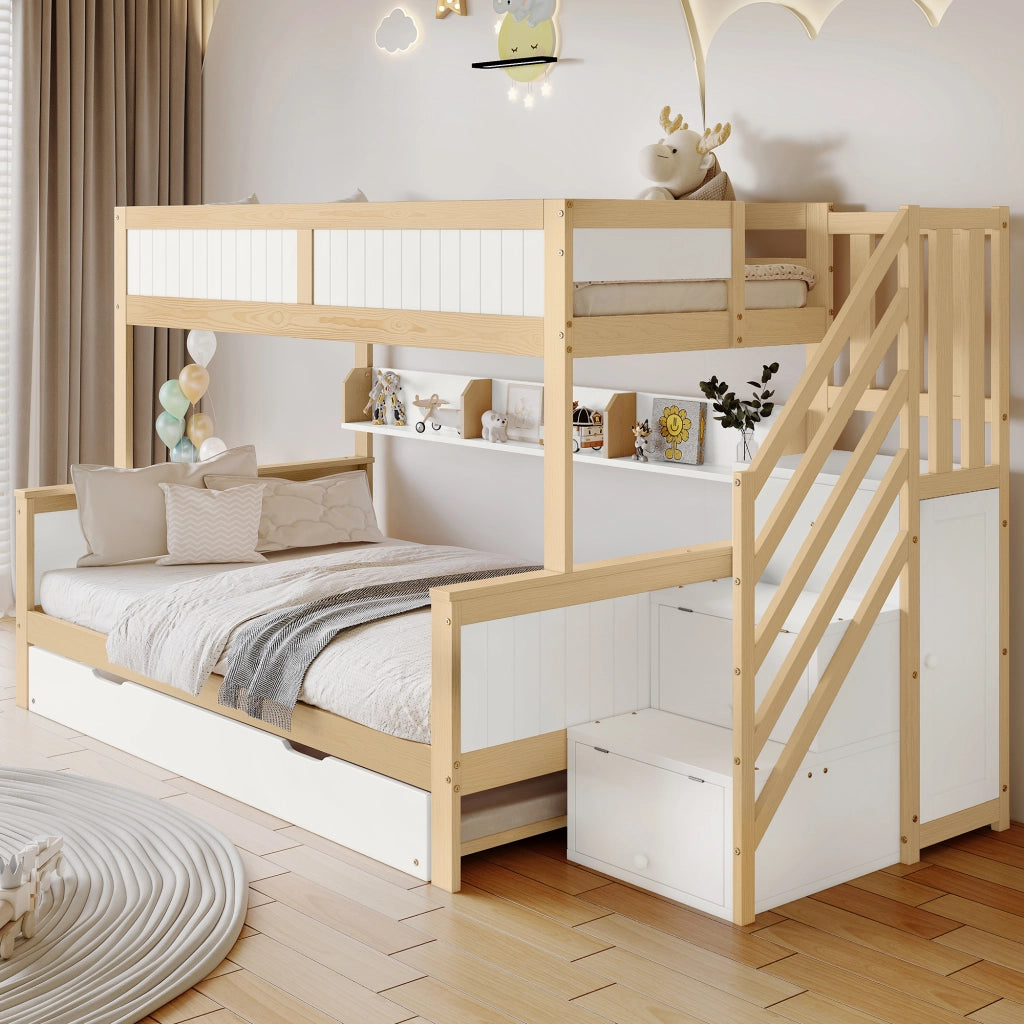 Letto a Castello; Letto Singolo 90x200 cm e 120x200 cm con estraibile; armadio e scala