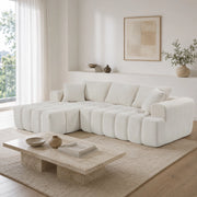 Divano modulare in velluto bianco con chaise longue, imbottitura in schiuma e 2 moduli